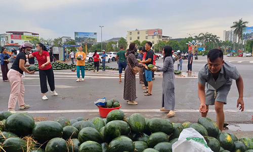 Người dân TP Vinh giúp tài xế thu gom dưa hấu sau tai nạn