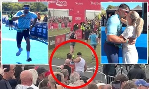 Tommy Fury pushes competitor aside for finish line video