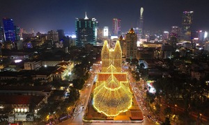 Saigon Notre Dame Cathedral adorned with 1,000 km of LED lights for Christmas