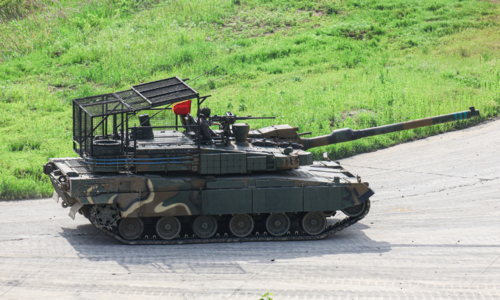 South Korea's advanced main battle tank fitted with cage armor