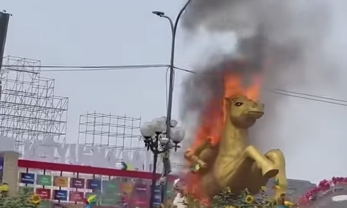 Horse mascot under construction in Thai Nguyen catches fire