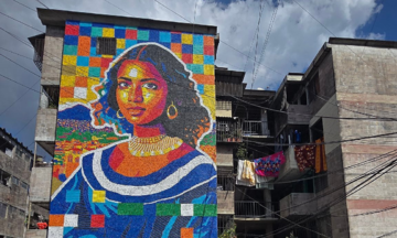 Latin American mona lisa painting from 100,000 discarded plastic bottle caps