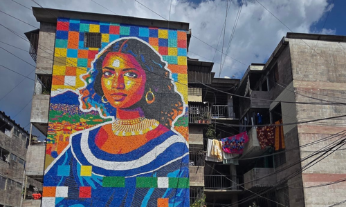 Latin American mona lisa painting from 100,000 discarded plastic bottle caps