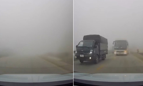 Bus emerges from dense fog, head-on collision averted