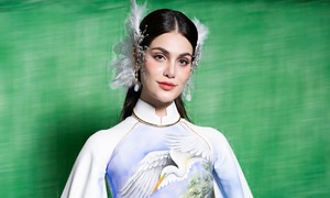 Venezuelan beauty poses in ao dai with stork motifs