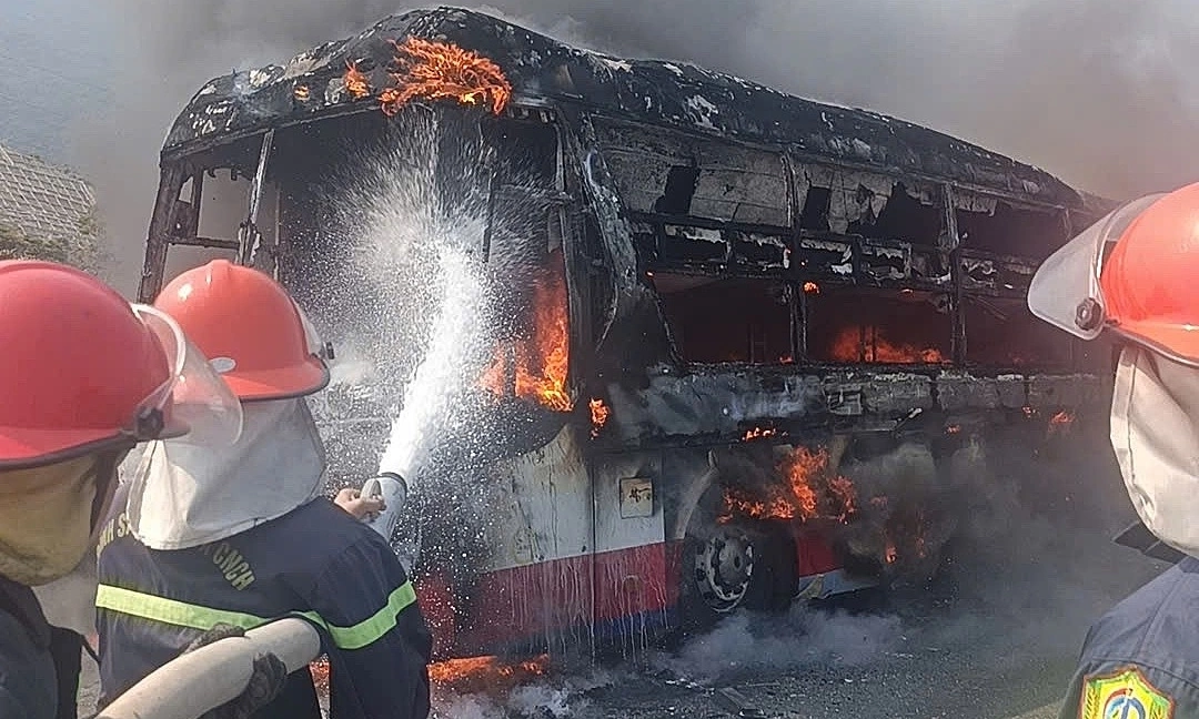 Passenger bus burns to frame on national highway 1