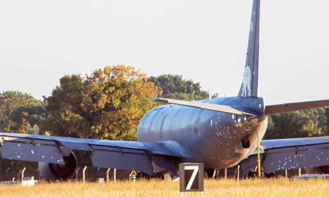 US refueling aircraft covered in tape lands in UK