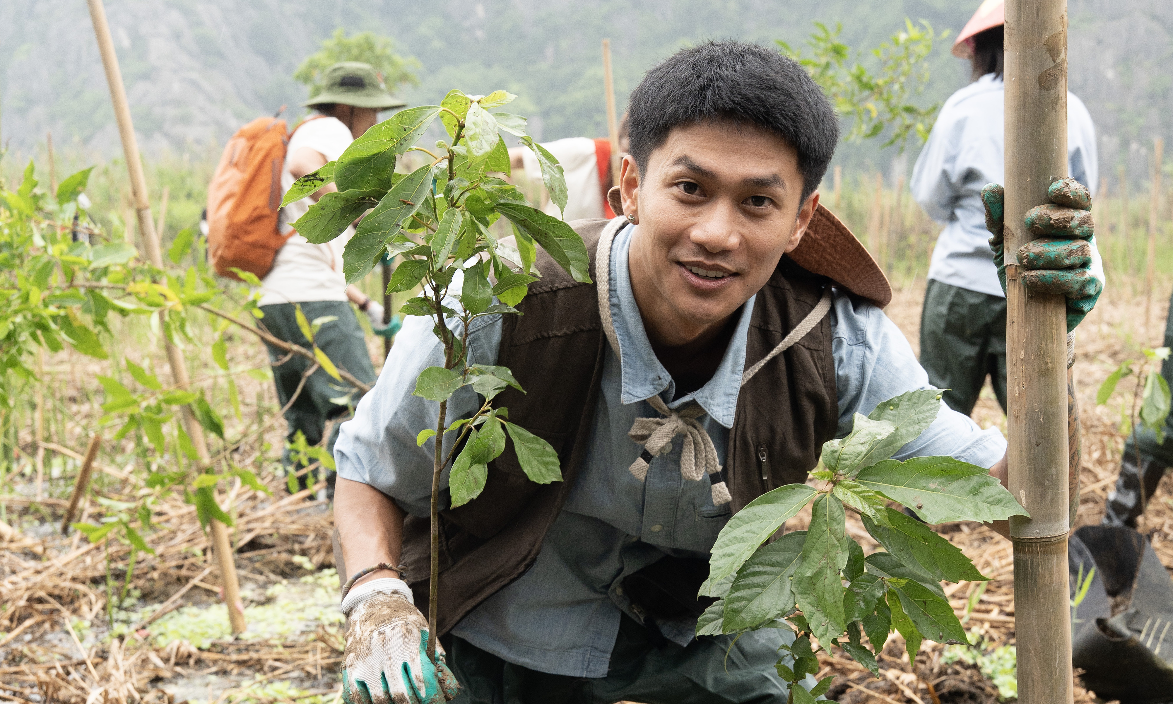 Singers wade through mud to plant trees at Van Long Wetland