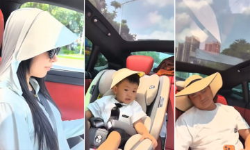 Family wears hats in car with panoramic sunroof