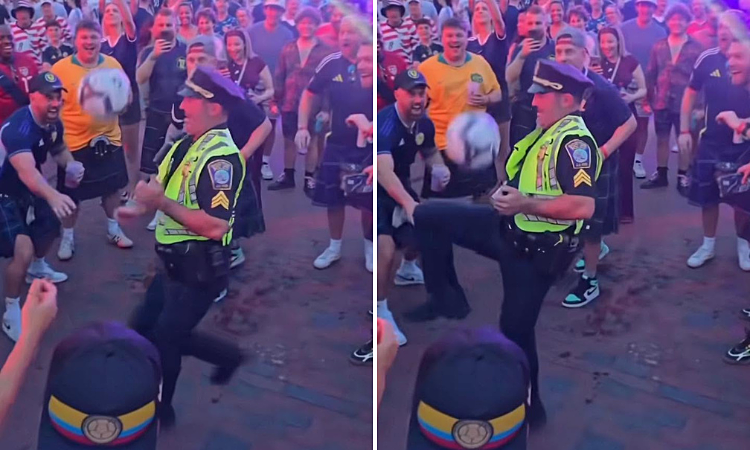 Police officer's impromptu juggling with World Cup fans goes viral