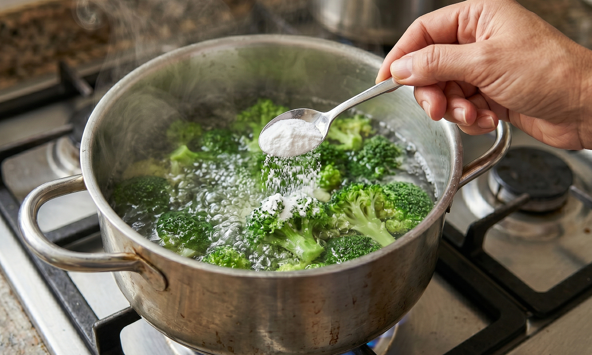 Should baking soda be added for vibrant green boiled vegetables?