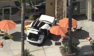 Tesla electric car crashes into cafe, one dead