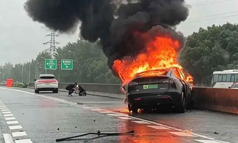 Tesla catches fire after collision