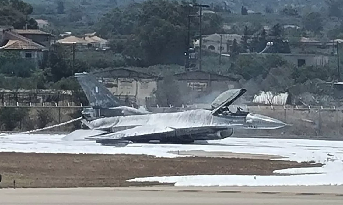 F-16 belly lands, catches fire on runway