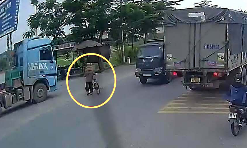 Container truck fatally hits elderly woman walking bicycle across road