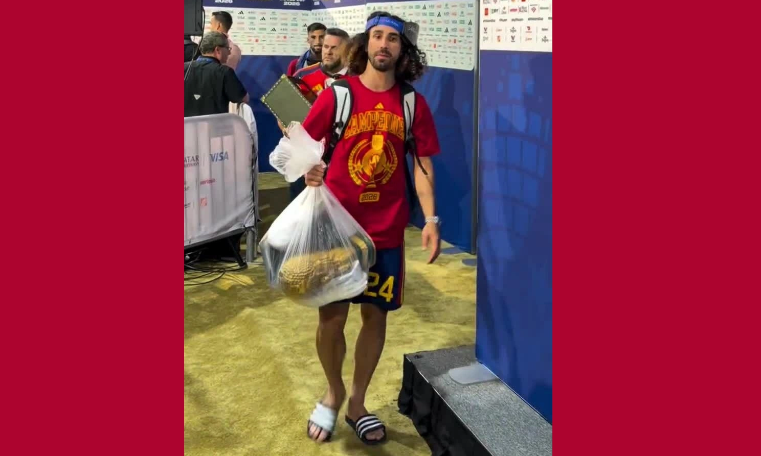 Spanish defender carries World Cup trophy in plastic bag