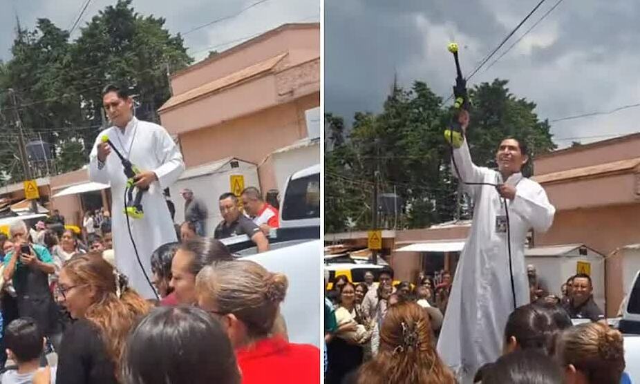 Priest uses high-pressure washer to bless with holy water