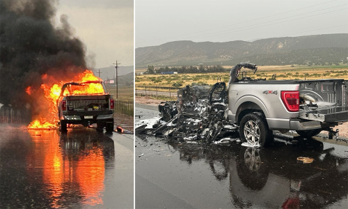 Driver escapes death as pickup truck burns down after lightning strike