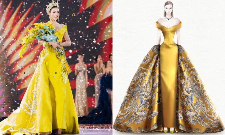Emoura Pham shines in phoenix-patterned evening gown