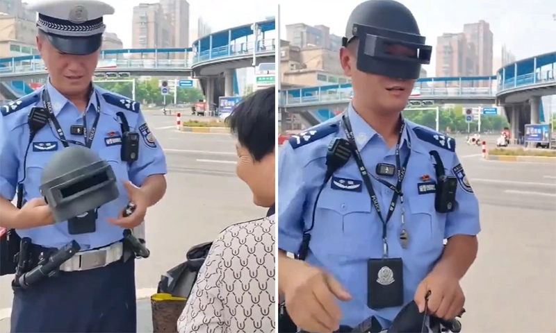Grandmother uses grandson's PUBG game helmet as a motorcycle helmet