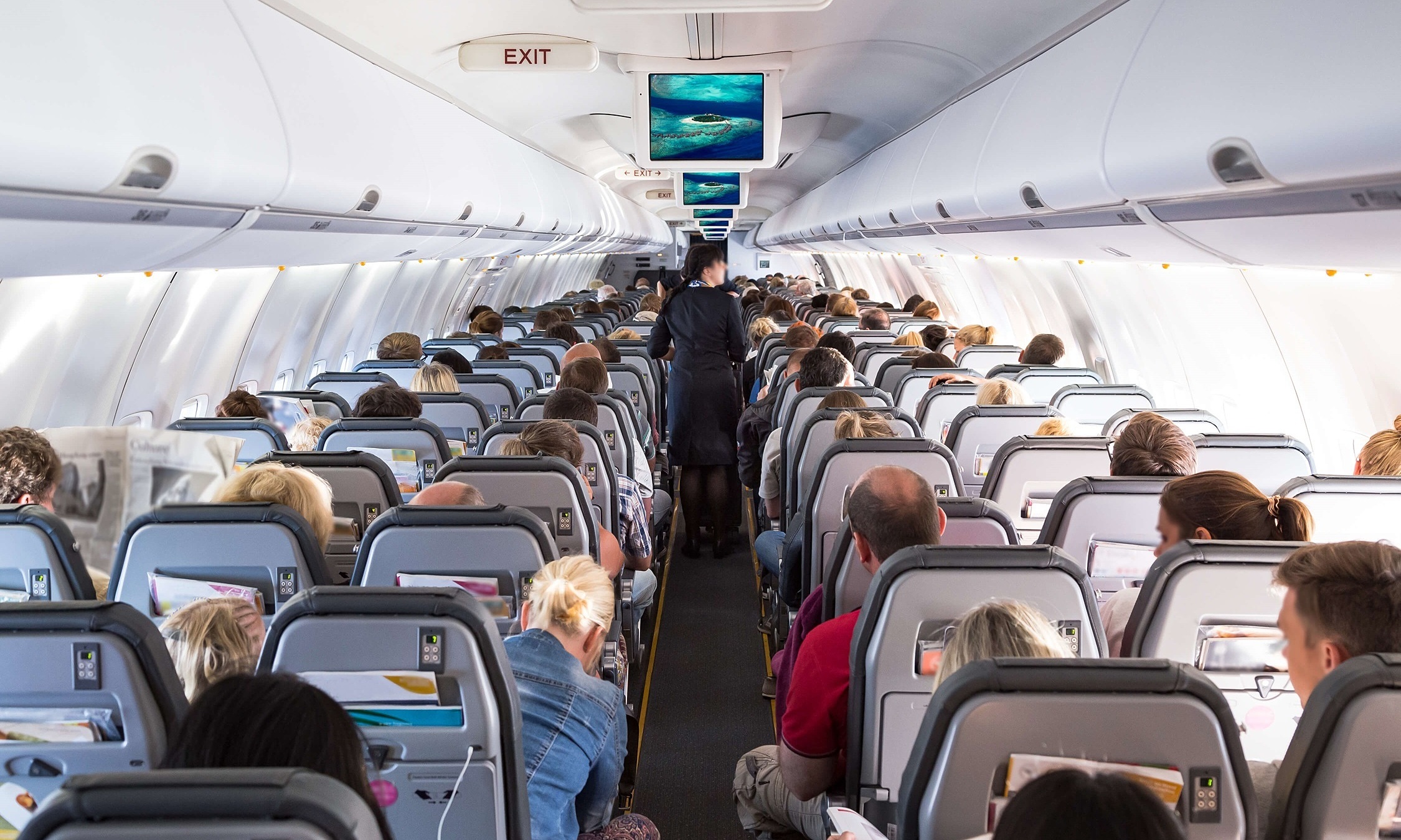 The opportune time to use the airplane lavatory