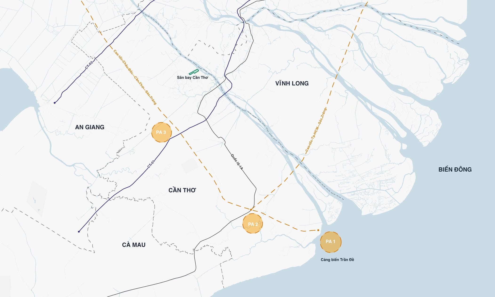 Three proposed locations for a new airport in Can Tho