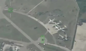Moment a UAV strike targets a 'MiG-29, Black Hawk helicopter' in Kyiv