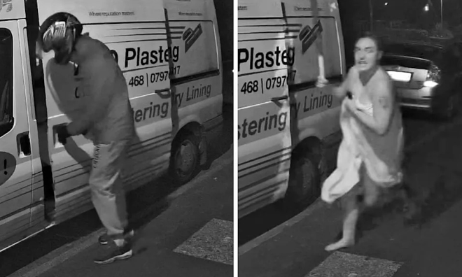 Woman in towel chases car thief with baseball bat