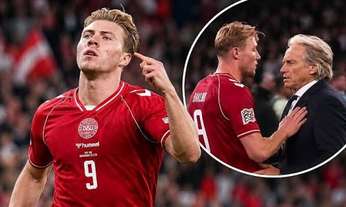 Hojlund celebrates like Ronaldo, pushes Portugal coach
