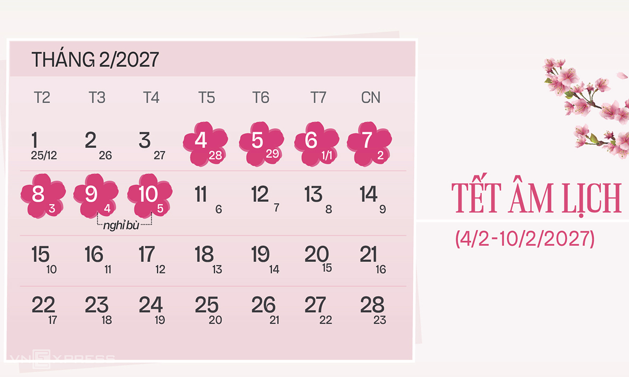 Lunar New Year 2027 holiday to begin on 28th of 12th lunar month